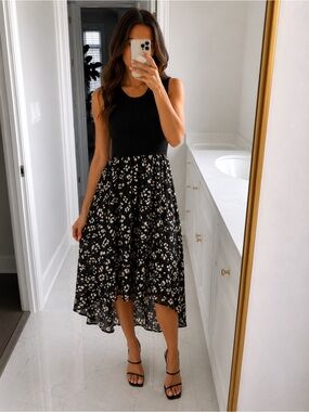 DKNY Black Floral High-Low Midi Skirt with Cream Accents